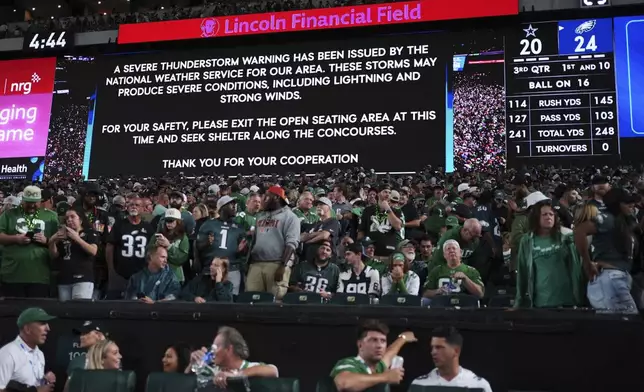 A severe thunderstorm warning is issued at Lincoln Financial Field as fans look on in the second half of an NFL football game between the Dallas Cowboys and Philadelphia Eagles Thursday, Sept. 4, 2025, in Philadelphia. (AP Photo/Matt Slocum)
