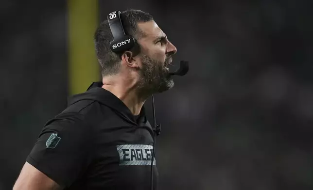 Philadelphia Eagles head coach Nick Sirianni reacts to play agianst the Dallas Cowboys in the first half of an NFL football game Thursday, Sept. 4, 2025, in Philadelphia. (AP Photo/Matt Slocum)