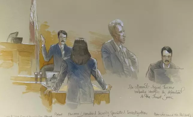This courtroom sketch shows Secret Service agent Robert Fercano identifying the defendant in the trial of Ryan Routh, who is charged with attempting to assassinate Donald Trump last year at a golf course in South Florida, Thursday, Sept. 11, 2025, in Fort Pierce, Fla. (Lothar Speer via AP)
