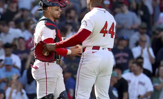Boston Red Sox catcher Carlos Narváez, left, and Aroldis Chapman (44) shake hands at the end of a baseball game against the Pittsburgh Pirates, Sunday, Aug. 31, 2025, in Boston. (AP Photo/Mark Stockwell)