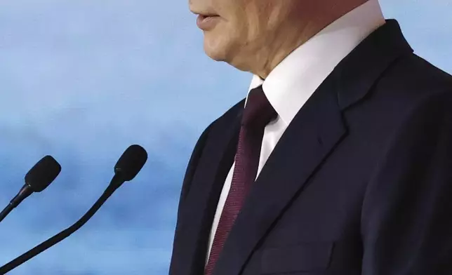 Russian President Vladimir Putin delivers his speech at the plenary session of the Eastern Economic Forum in Vladivostok, Russia, Friday, Sept. 5, 2025. (Alexander Kazakov, Sputnik, Kremlin Pool Photo via AP)