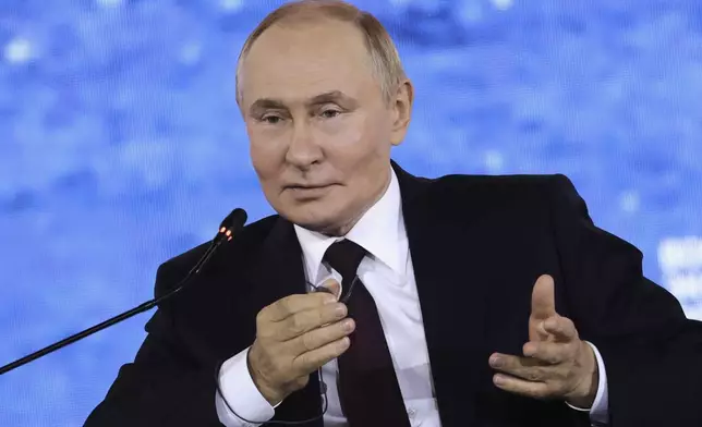 In this photo released by the Roscongress Foundation, Russian President Vladimir Putin gestures as he speaks at the plenary session of the Eastern Economic Forum in Vladivostok, Russia, Friday, Sept. 5, 2025. ( Stepan Pugachev/Roscongress Foundation via AP)