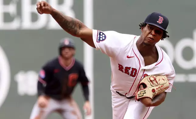 Boston Red Sox pitcher Brayan Bello throws during the first inning of a baseball game against the Cleveland Guardians, Monday, Sept. 1, 2025, in Boston. (AP Photo/Mark Stockwell)