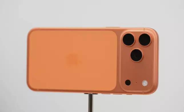 The iPhone 17 Pro is displayed during an announcement of new products at Apple Park on Tuesday, Sept. 9, 2025, in Cupertino, Calif. (AP Photo/Godofredo A. Vásquez)