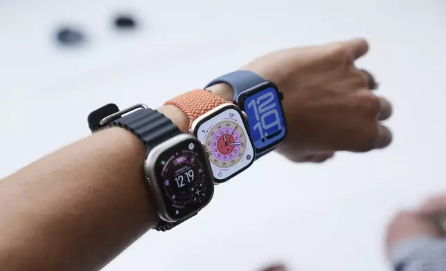 Apple Watches are displayed during an announcement of new products at Apple Park on Tuesday, Sept. 9, 2025, in Cupertino, Calif. (AP Photo/Godofredo A. Vásquez)