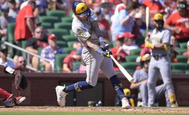 Milwaukee Brewers' Joey Ortiz hits a single against the St. Louis Cardinals during the third inning of a baseball game Sunday, Sept. 21, 2025, in St. Louis. (AP Photo/Jeff Le)