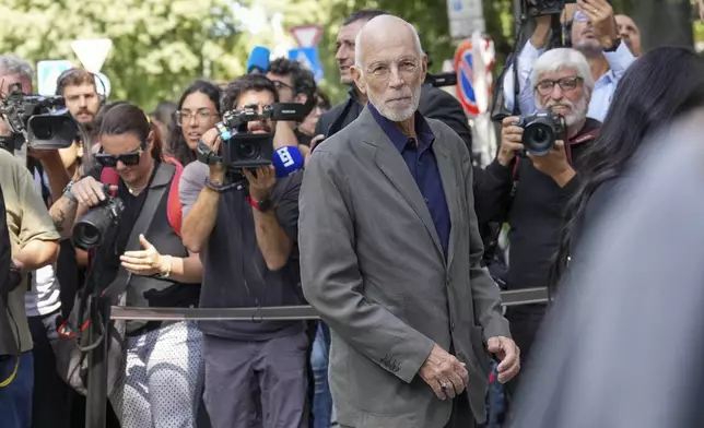 Italian Film director Gabriele Salvatores arrives to pay his respects to fashion designer Giorgio Armani, lying in state at the Armani/Teatro in Milan, northern Italy, Saturday, Sept. 6, 2025. (AP Photo/Antonio Calanni)