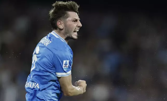 Napoli's Billy Gilmour celebrates scoring their side's first goal of the game during the Italian Serie A soccer match between Napoli and Pisa at the Diego Armando Maradona Stadium in Naples, Italy, Monday, Sept. 22, 2025. (Alessandro Garofalo/LaPresse via AP)
