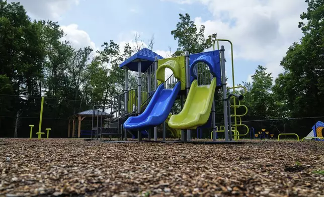 A playground stands on the property of the townhome where Maria Pires lived as a child, after being adopted from a Brazilian orphanage by Floyd Sykes III, stands in Baltimore, Monday, July 14, 2025. (AP Photo/Stephanie Scarbrough)