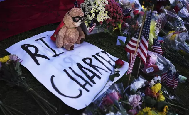 A memorial for Turning Point USA CEO and co-founder Charlie Kirk is seen at Utah Valley University, Saturday, Sept. 13, 2025, in Orem, Utah. (AP Photo/Lindsey Wasson)