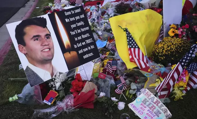 A memorial for Turning Point USA CEO and co-founder Charlie Kirk is seen at Utah Valley University, Saturday, Sept. 13, 2025, in Orem, Utah. (AP Photo/Lindsey Wasson)