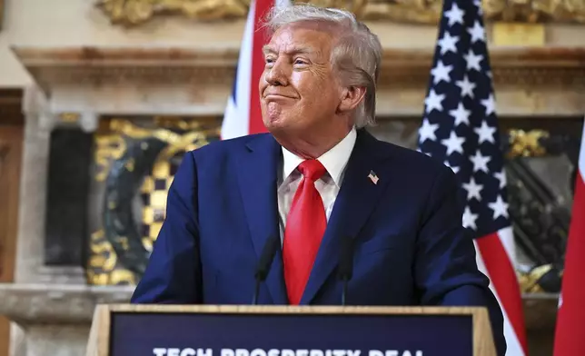 President Donald Trump attends a joint press conference with Britain's Prime Minister Keir Starmer at Chequers near Aylesbury, England, Thursday, Sept. 18, 2025. (Leon Neal, Pool via AP)