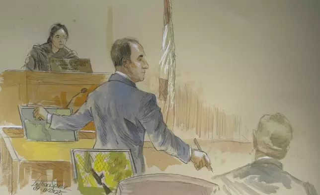 This courtroom sketch shows lead government prosecutor John Shipley speaking during the opening statements of the during the trial of Ryan Routh, who is charged with attempting to assassinate Donald Trump last year at a golf course in South Florida, Thursday, Sept. 11, 2025, in Fort Pierce, Fla. (Lothar Speer via AP)