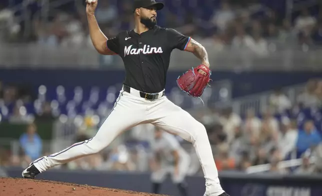 Miami Marlins starting pitcher Sandy Alcantara throws during the fifth inning of a baseball game against the Detroit Tigers, Friday, Sept. 12, 2025, in Miami. (AP Photo/Lynne Sladky)