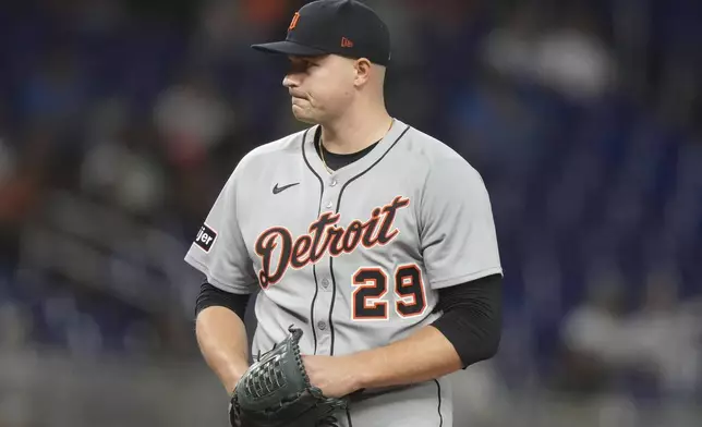 Detroit Tigers starting pitcher Tarik Skubal (29) stands on the mound after giving up a home run and a double during the second inning of a baseball game against the Miami Marlins, Friday, Sept. 12, 2025, in Miami. (AP Photo/Lynne Sladky)