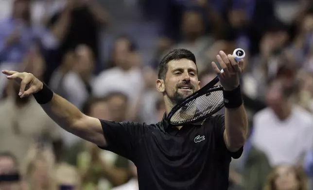 Novak Djokovic, of Serbia, reacts following a third round of the U.S . Open tennis championships, Friday, Aug. 29, 2025, in New York. (AP Photo/Adam Hunger)