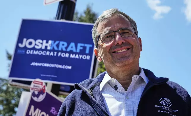 Boston mayoral candidate Josh Kraft campaigns outside a polling place, Tuesday, Sept. 9, 2025, in the South End neighborhood of Boston. (AP Photo/Charles Krupa)