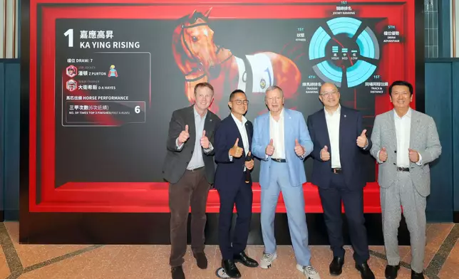 The Club embraces next-gen AI tech: (from left to right) The Hong Kong Jockey Club Executive Director, Racing Andrew Harding; Club Executive Director, Customer Strategy, Insights and Innovation Dennis Hau; Chief Executive Officer Winfried Engelbrecht-Bresges; Executive Director, Corporate Affairs Raymond Tam; and Director of Property Philip Chen showcase the Gensō Eki digital parade ring.