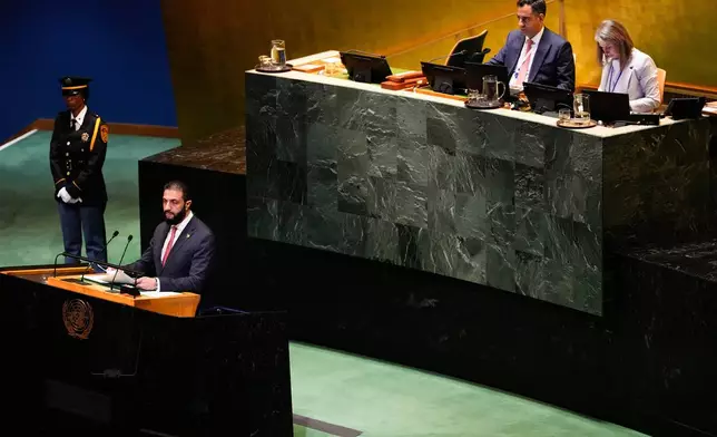 Syria President Ahmad Al-Sharaa speaks during the 80th session of the United Nations General Assembly, Wednesday, Sept. 24, 2025, at U.N. headquarters. (AP Photo/Yuki Iwamura)