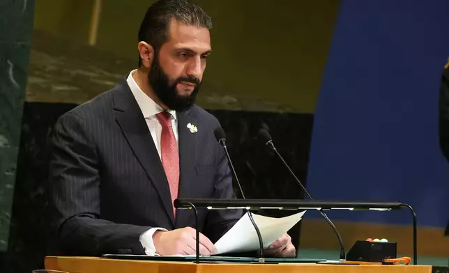 Syria President Ahmad Al-Sharaa speaks during the 80th session of the United Nations General Assembly, Wednesday, Sept. 24, 2025, at U.N. headquarters. (AP Photo/Heather Khalifa)