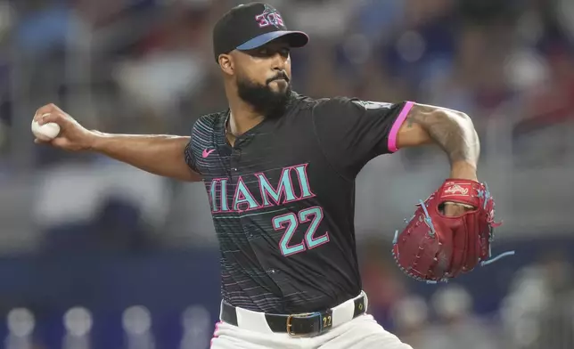 Miami Marlins starting pitcher Sandy Alcantara aims a pitch during the first inning of a baseball game against the Philadelphia Phillies Saturday, Sept. 6, 2025, in Miami. (AP Photo/Marta Lavandier)