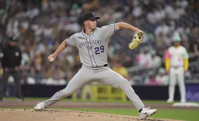 Colorado Rockies starting pitcher Tanner Gordon works against a San Diego Padres batter during the first inning of a baseball game Friday, Sept. 12, 2025, in San Diego. (AP Photo/Gregory Bull)