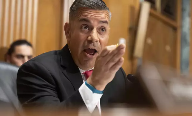 Sen. Ben Ray Lujan, D-N.M., speaks as Secretary of Health and Human Services Robert F. Kennedy Jr., appears before the Senate Finance Committee, on Capitol Hill in Washington, Thursday, Sept. 4, 2025. (AP Photo/Mark Schiefelbein)