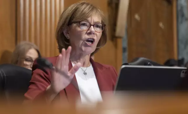 Sen. Tina Smith, D-Minn., speaks as Secretary of Health and Human Services Robert F. Kennedy Jr., appears before the Senate Finance Committee, on Capitol Hill in Washington, Thursday, Sept. 4, 2025. (AP Photo/Mark Schiefelbein)