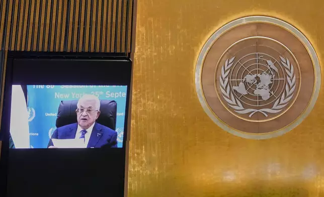 Palestinian President Mahmoud Abbas addresses the 80th session of the United Nations General Assembly via video, Thursday, Sept. 25, 2025. (AP Photo/Richard Drew)