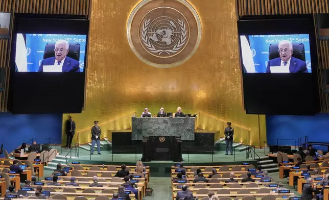 Palestine President Mahmoud Abbas addresses the 80th session of the United Nations General Assembly via video, Thursday, Sept. 25, 2025. (AP Photo/Richard Drew)