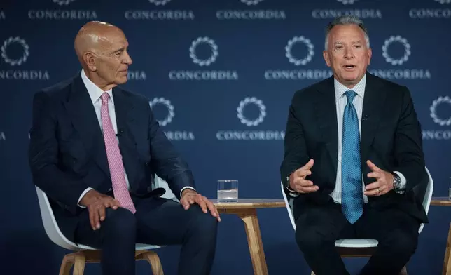 Tom Barrack, United States Ambassador to Turkey, left, listens as United States Special Envoy to the Middle East, Steve Witkoff, right, speaks during the Concordia Annual Summit in New York, Wednesday, Sept. 24, 2025. (AP Photo/Andres Kudacki)