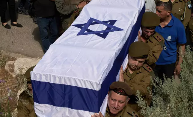 FILE - Israeli soldiers carry the coffin of Lieutenant Colonel Yitzhak Harush, who was killed in a shooting attack yesterday at the Allenby Bridge Crossing between the West Bank and Jordan, during his funeral at the Mount Herzl military cemetery in Jerusalem, Friday, Sept. 19, 2025. (AP Photo/Leo Correa)