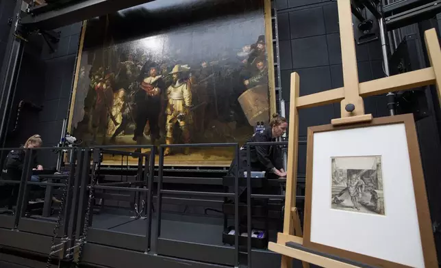 The 17th century drawing by Dutch artist Adriaen van de Venne which inspired Rembrandt when painting a dog in the Night Watch, is shown on an easel at the Rijksmuseum in Amsterdam, Netherlands, Tuesday, Sept. 23, 2025. (AP Photo/Peter Dejong)