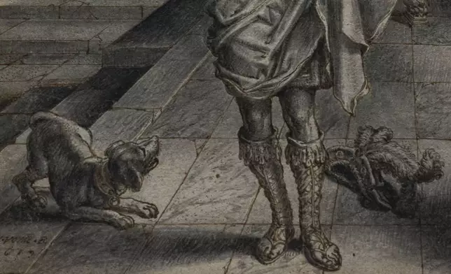 Detail of the 17th century drawing by Dutch artist Adriaen van de Venne which inspired Rembrandt when painting a dog in the Night Watch, is shown on an easel at the Rijksmuseum in Amsterdam, Netherlands, Tuesday, Sept. 23, 2025. (AP Photo/Peter Dejong)