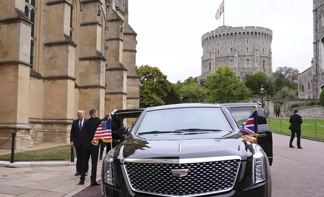 President Donald Trump arrives at St. George's Chapel at Windsor Castle, Windsor, England, Wednesday, Sept. 17, 2025. (AP Photo/Evan Vucci)