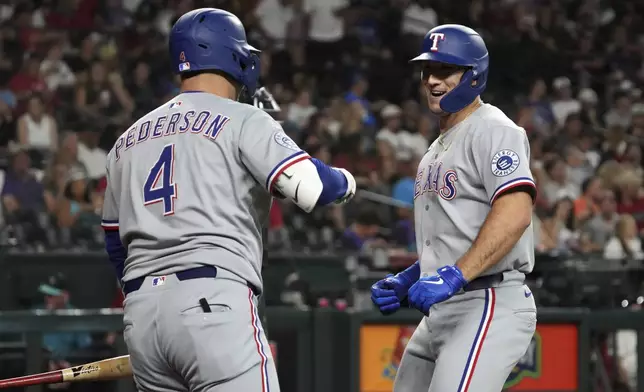 Texas Rangers' Wyatt Langford, right, celebrates with Joc Pederson (4) after hitting a solo home run against the Arizona Diamondbacks in the sixth inning of a baseball game, Monday, Sept. 1, 2025, in Phoenix. (AP Photo/Rick Scuteri)