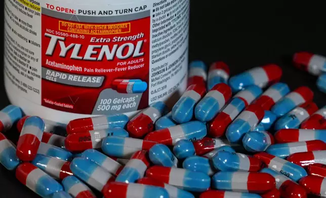Extra Strength Tylenol is shown in Carmel, Ind., Tuesday, Sept. 23, 2025. (AP Photo/Michael Conroy)