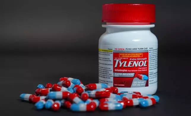 Extra Strength Tylenol is shown in Carmel, Ind., Tuesday, Sept. 23, 2025. (AP Photo/Michael Conroy)