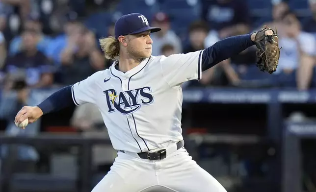Tampa Bay Rays pitcher Shane Baz delivers to the Seattle Mariners during the first inning of a baseball game Monday, Sept. 1, 2025, in Tampa, Fla. (AP Photo/Chris O'Meara)