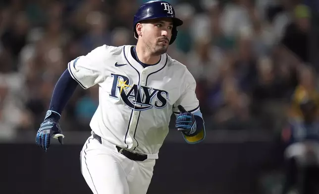 Tampa Bay Rays' Nick Fortes runs the bases after his three-run home run off Seattle Mariners pitcher Luis Castillo during the second inning of a baseball game Monday, Sept. 1, 2025, in Tampa, Fla. (AP Photo/Chris O'Meara)