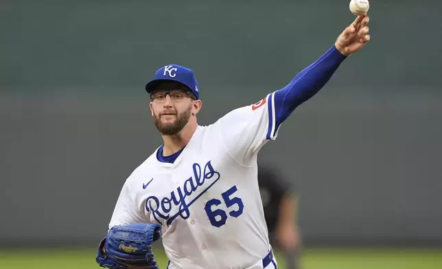 Kansas City Royals starting pitcher Noah Cameron throws during the first inning of a baseball game against the Los Angeles Angels, Thursday, Sept. 4, 2025, in Kansas City, Mo. (AP Photo/Charlie Riedel)