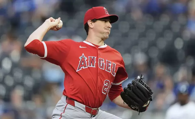 Los Angeles Angels starting pitcher Kyle Hendricks throws during the first inning of a baseball game against the Kansas City Royals, Thursday, Sept. 4, 2025, in Kansas City, Mo. (AP Photo/Charlie Riedel)