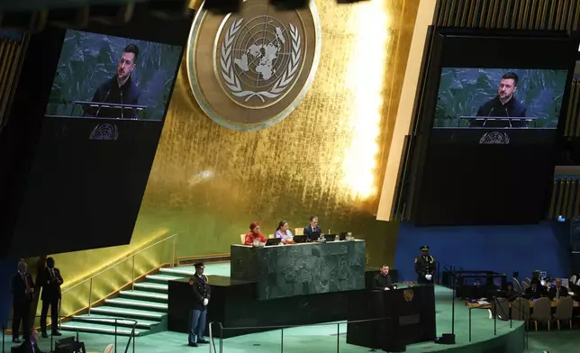 Ukraine President Volodymyr Zelenskyy speaks during the 80th session of the United Nations General Assembly, Wednesday, Sept. 24, 2025, at U.N. headquarters. (AP Photo/Heather Khalifa)
