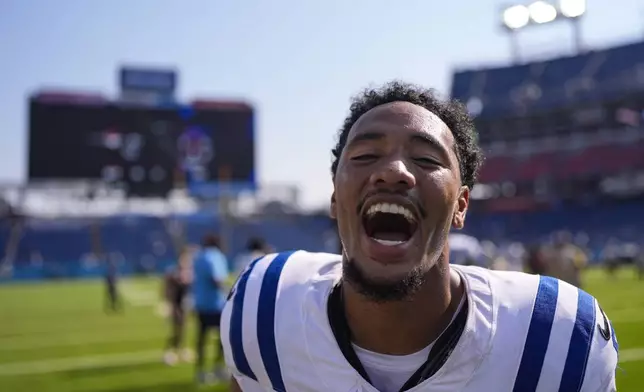 Indianapolis Colts safety Camryn Bynum (0) celebrates following an NFL football game against the Tennessee Titans Sunday, Sept. 21, 2025, in Nashville, Tenn. (AP Photo/George Walker IV)
