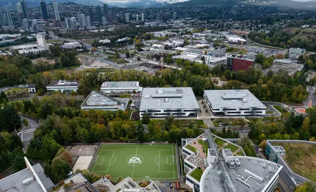 The EA Sports logo is seen on a soccer pitch at the Electronic Arts' office and studio complex, in Burnaby, British Columbia, Monday, Sept. 29, 2025, as the maker of video games like “Madden NFL," “Battlefield,” and “The Sims,” is being acquired for $55 billion in what could become the largest private equity-funded buyout in history. (Darryl Dyck/The Canadian Press via AP)