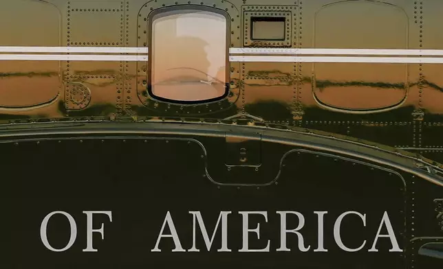 U.S. President Donald Trump is seen in the window of Marine One at Lehigh Valley International Airport in Allentown, Pennsylvania, Aug. 3, 2025. (AP Photo/Julia Demaree Nikhinson)