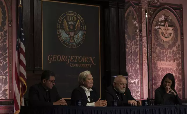 Sister Norma Pimentel (second left to right) speaks during a panel on the effects of the Trump administration's crackdown on immigrants held at Georgetown University in Washington, Thursday, Sept. 11, 2025. (AP Photo/Luis Andres Henao)