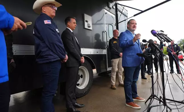 Sen. Ted Cruz, R-Texas talks about the shooting at a U.S. Immigration and Customs Enforcement facility in Dallas during a news conference on Wednesday, Sept. 24, 2025. (AP Photo/Julio Cortez)