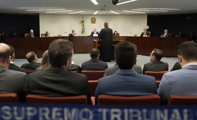 The Brazilian Supreme Court holds the verdict and sentencing phase of a trial for those charged in an alleged coup plot to keep Brazil's former President Jair Bolsonaro in office after his 2022 election defeat, in Brasilia, Brazil, Wednesday, Sept. 3, 2025. (AP Photo/Eraldo Peres)