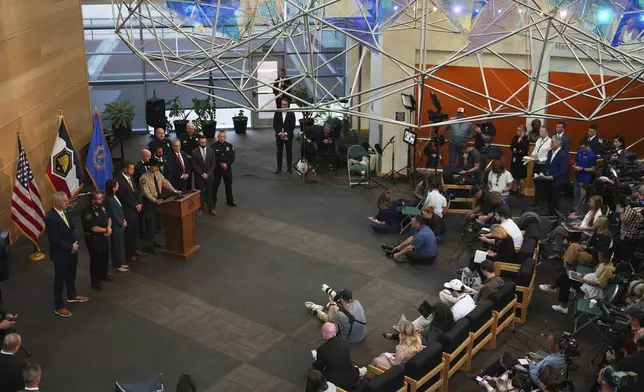 Utah county Sheriff Mike Smith speaks at a news conference, Friday, Sept. 12, 2025, in Orem, Utah. (AP Photo/Lindsay Wasson)
